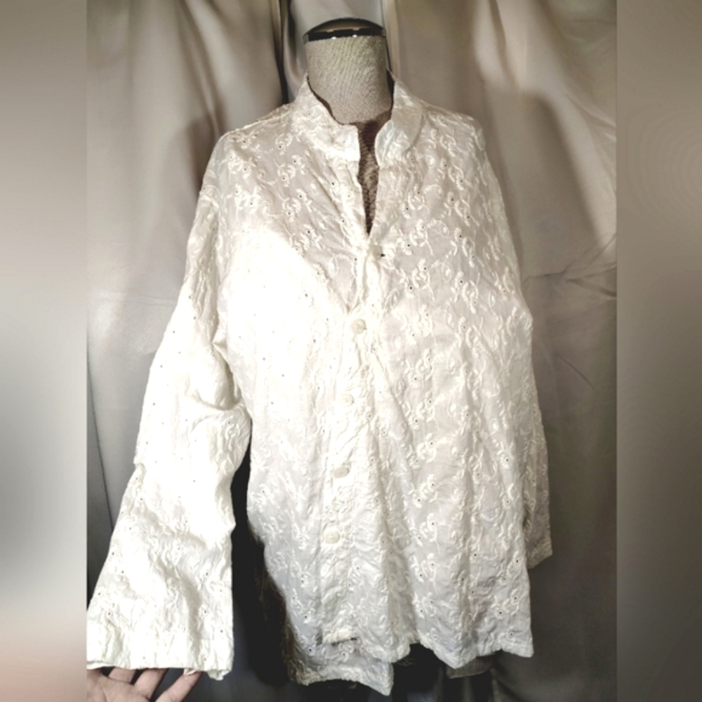 2 pc: Blanque Blouse+Padded Undergarmet Tank, Embroidered, Buttn, Long Sleeve,2X